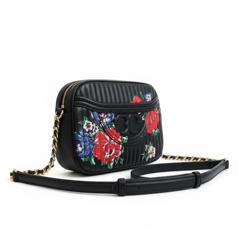 Tory Burch Floral Camera Crossbody Bag Black Nylon Leather Trim - Picture 2 of 12